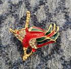 Vintage Giovanni Gold Tone Bird Brooch Pin Red & Green Enamel Rhinestones Bird