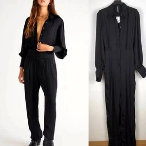 Nuevo con etiquetas Mono Free People Renatta Talla L Negro Satinado Abotonado Ligero Cómodo - Imagen 1 de 5