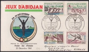 F-EX39516 IVORY COAST 1961 FDC GAMES OF ABIDJAN SOCCER SWIMMING ATHLETISM. - Picture 1 of 2