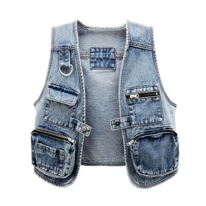 Women Gilet Denim Cargo Waistcoat Multi Pocket Vest Jacket Retro Cardigan  - Picture 1 of 11
