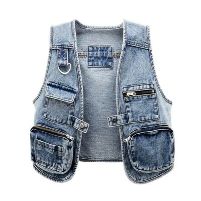 Women Gilet Denim Cargo Waistcoat Multi Pocket Vest Jacket Retro Cardigan  - Image 1 of 4