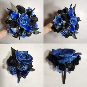 Navy Blue Black Rose Calla Lily Sola Bridal Wedding Bouquet Accessories - Picture 1 of 23
