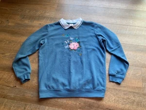 Vintage Adriana Delafield Collared Sweatshirt Blue Floral Butterfly Sz Medium - Picture 1 of 10