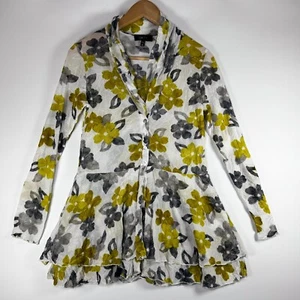 Comfy USA Extra Small Sheer Crinkle Floral Blouse Yellow Gray Peplum Hem Top - Picture 1 of 13
