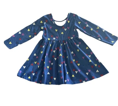 Vestido Hanna Andersson Niñas Talla 4 Azul EE. UU. Multicolor Corazones Mangas Largas Bolsillos Foto 1 de 4