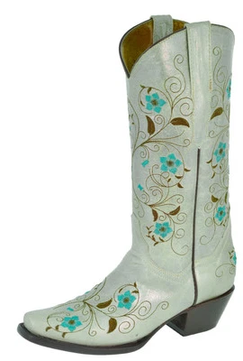 Womens Western Boots Gray Green Leather Floral Embroidery Square Size 6-7.5, 9.5 - Image 1 of 4