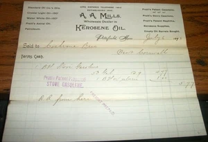 1893 Billhead A.A. Mills Kerosene Oil Pittsfield Massachusetts Stove Gasoline - Picture 1 of 1