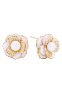 Do Everything in Love 14K Gold White Gold Dipped Peony Pearl Post Earrings - Picture 1 of 4