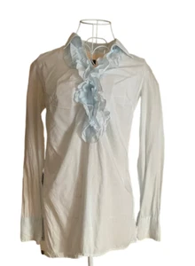 Freesoul Shirt Women Small Ruffle Blue Tunic Kaftan Double Cuff Gem Buttons - Picture 1 of 11
