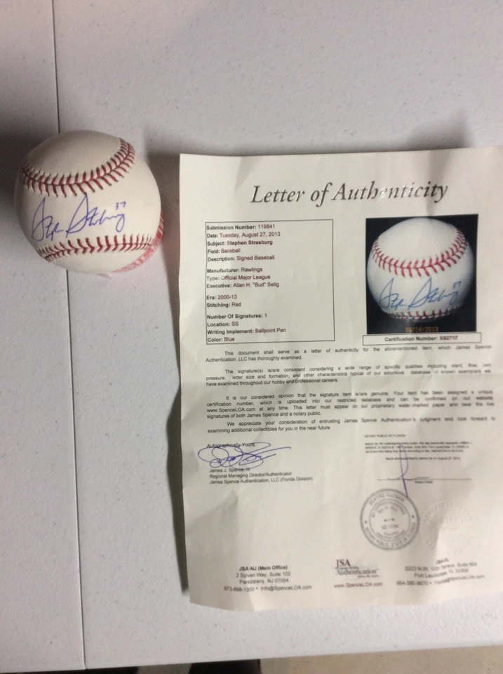 Stephen Strasburg Autograph Signed OMLB Authenicated JSA Full Letter“ Nationals” - Image 1 of 4