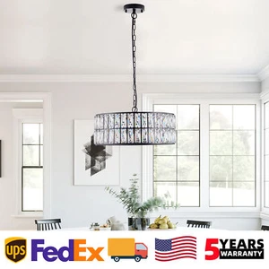 18" Modern K9 Crystal Chandelier Black Round Drum Pendant Light Ceiling Fixture - Picture 1 of 10
