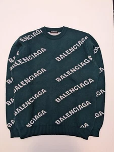 Balenciaga All Over Wool Jacquard Logo Jumper - Forest Green - S / L - RRP £1170 - Picture 1 of 20