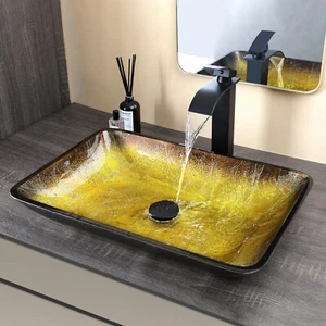 Rectangular Bathroom Vessel Sink Leaf Tempered Glass Deck Mount Bowl Waterfall - Picture 1 of 7