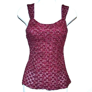 Speechless Women's Top Medium Red Burgundy Stretch Satin Metallic Floral Lace - Picture 1 of 7