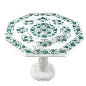 White Marble Octagonal Table Top with Pietra Dura Inlay | Handmade Semi-Precious - Picture 1 of 4