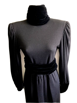 LANVIN Couture Numbered Dress Sz Sm Black Wool Velvet Turtleneck Cuffs VTG 80's - Image 1 of 4