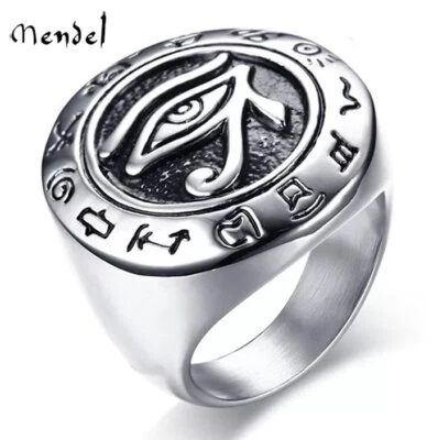 MENDEL Mens Egyptian Evil Eye of Horus Ra Ring Silver Stainless Steel Size 7-15 - Image 1 of 4
