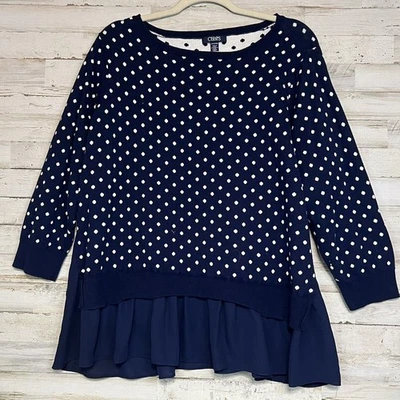 Chaps Sweater Women's 2X Blue White Polka Dot 3/4 Sleeve Ribbed Trim Crew Neck - Image 1 of 4