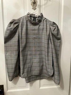 Zara Womens Gray Glen Plaid Puff Sleeve Ruffle Mock Neck Blouse Top Size S - Image 1 of 4