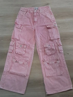 Fashion Nova Cargo Pants Pink Wide Leg Washed Denim 100% Cotton Sz 13 Pockets - Image 1 of 4
