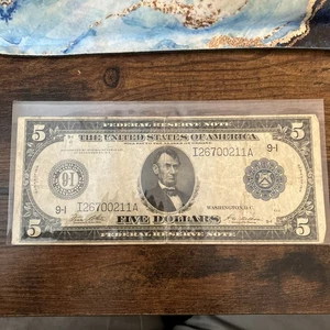 US 1914 $5 DOLLAR BILL FEDERAL RESERVE LARGE NOTE BLUE SEAL Minneapolis Bank - Picture 1 of 7