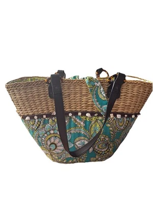 Bolso de Paja Vera Bradley Bolso Retirado Turquesa Paisley Marrón Correa Playa Conchas Foto 1 de 4