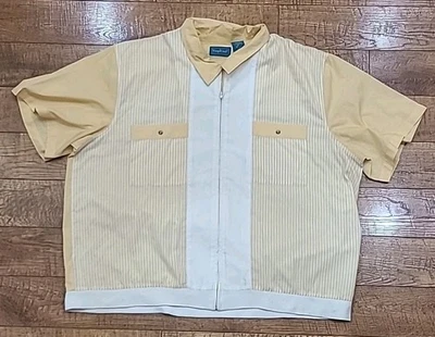Camisa De Colección Años 80 Para Hombres Cremallera Frontal Amarilla y Blanca Rayas Tropi-Cool Manga Corta 3XL Foto 1 de 4