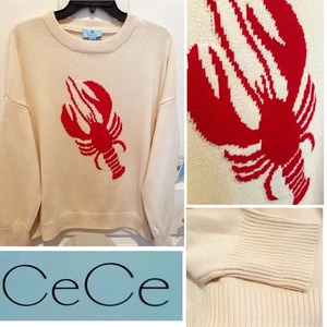 NWT $89 CeCe Lobster Motif Cotton Crewneck Sweater M/L/XL/XXL Birch/Rich Scarlet - Picture 1 of 8