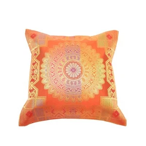 Copricuscino 12x12 Pollici Arancione Banarasi Mandala Tessuto Zari Broccato Seta - Foto 1 di 10