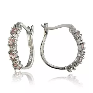 Sterling Silver Polished Simulated Pink Tourmaline Round Hoop Earrings - Picture 1 of 4
