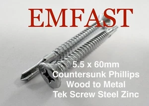 5.5 x 60 Countersunk Timberfix Steel TEK Screw Wood Metal 5.5mm 60mm Screws - Picture 1 of 4