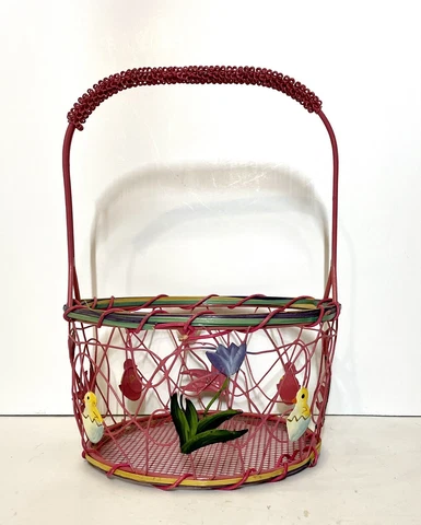 Vintage Wire Floral Spring Easter Basket Hand painted Flower Gift Egg Holder Cover