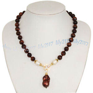 10mm Red Tiger's Eye Natural Brown Edison Baroque Pearl Pendant Necklace 18''