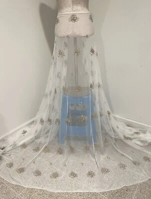 10 Yard GOLD OFF WHITE Embroidery Stretch Bridal Lace Fabric 50” Width - Image 1 of 4