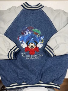 Disney Walt Disney World Bomber Jacket Mens Small Denim Varsity Mickey Magic - Picture 1 of 8