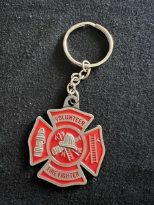 Volunteer Fire Dept. VFD Logo Fob Silver Tone Metal & Red Enamel Keychain Key - Picture 1 of 4