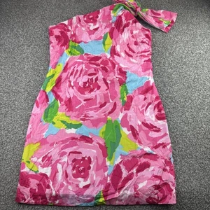 Lilly Pulitzer Dress Womens 6 Pink Green Floral One Shoulder Silk Cotton Bow Tie - Picture 1 of 16