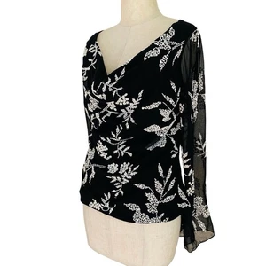 Vintage Y2K J Laxmi Perlen Bluse Top transparent Glockenärmel schwarz weiß Wasserfallausschnitt M Mesh - Bild 1 von 14