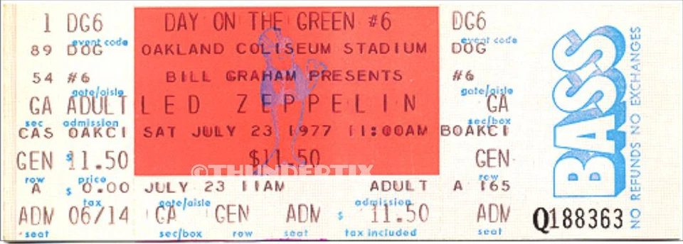 1  LED ZEPPELIN  UNUSED FULL CONCERT TICKET 1977 Oakland, California reprint - Image 1 of 1