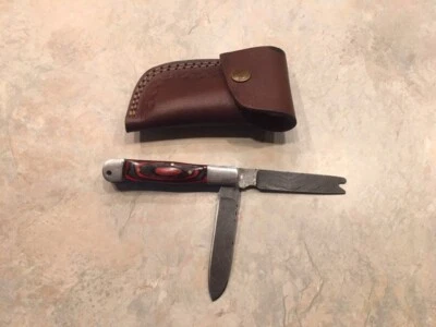  HAND MADE DAMASCUS DUAL BLADE FOLDING POCKET KNIFE - NON LOCK Red laminate  - Image 1 of 4