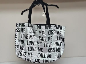 PINK Love Me Kiss Me Call Me Tote Bag Iridescent Metallic NWT - Picture 1 of 2