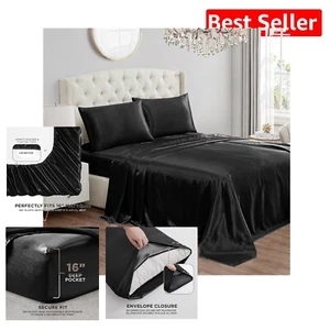 King Size Silk Satin Bed Linens - 4-Pc Set for Luxurious Sleep Experience - Picture 1 of 10