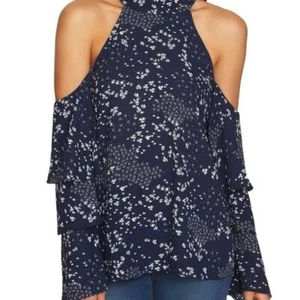 1. State Women's Navy and White Printed Cold Shoulder Blouse Size Medium - Picture 1 of 7