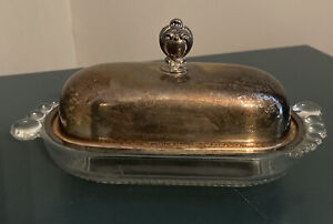Vintage Rogers Bros Teardrop Glass Butter Dish Silver Plated Cover 