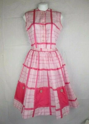 Blusa de algodão vintage anos 50 Sid Harris e saia completa rosa xadrez faixa patch bolsos tamanho P  - Imagem 1 de 4