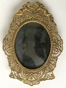 Vintage Gold Metal Cherub Winged Angel Ornate Lacey Small Convex Picture Frame - Picture 1 of 5