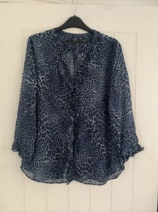 Zara Blue Leopard Print Chiffon Ruffle Blouse Size XL 14-16 Uk - Picture 1 of 11