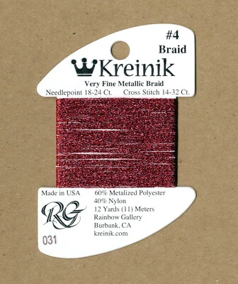 Kreinik Metallic Thread - 12 Yards of #031 Crimson VF #4 Braid #B938 - Image 1 of 2