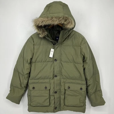 Gap Puffer Jacket Men's Size M Green Removable Faux Fur Trim Down Fill New NWT - Image 1 of 4