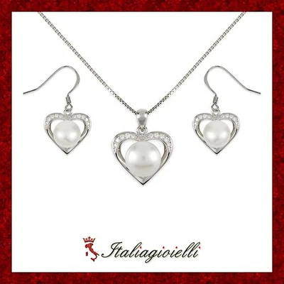Pregiata Parure Cuori e Perle di Fiume in Argento 925 Rodiato Oro Bianco - Immagine 1 di 4